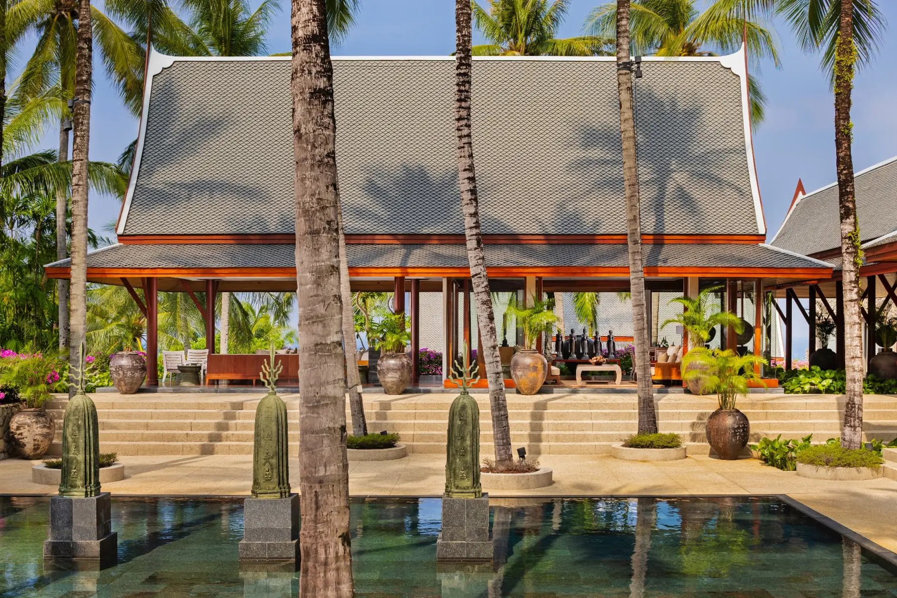 Exterior of the open-air lounge pavilion above the reflecting pool